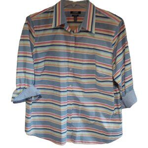 Chaps Woman's Striped No-Iron Dress Shirt 2X/2XG Cotton Multicolor 3/4 Sleeve